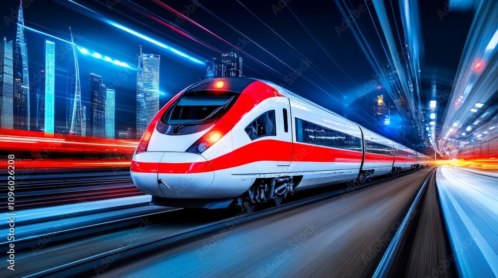 Fototapeta premium High-Speed Rail Through Cityscape at Night
