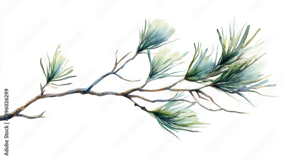Obraz premium Pine tree branch with leaves, watercolor clip art illustration isolated on a white background, in the style of a sketch-style painting, watercolor, high resolution, hyper-realistic, highly detailed, c