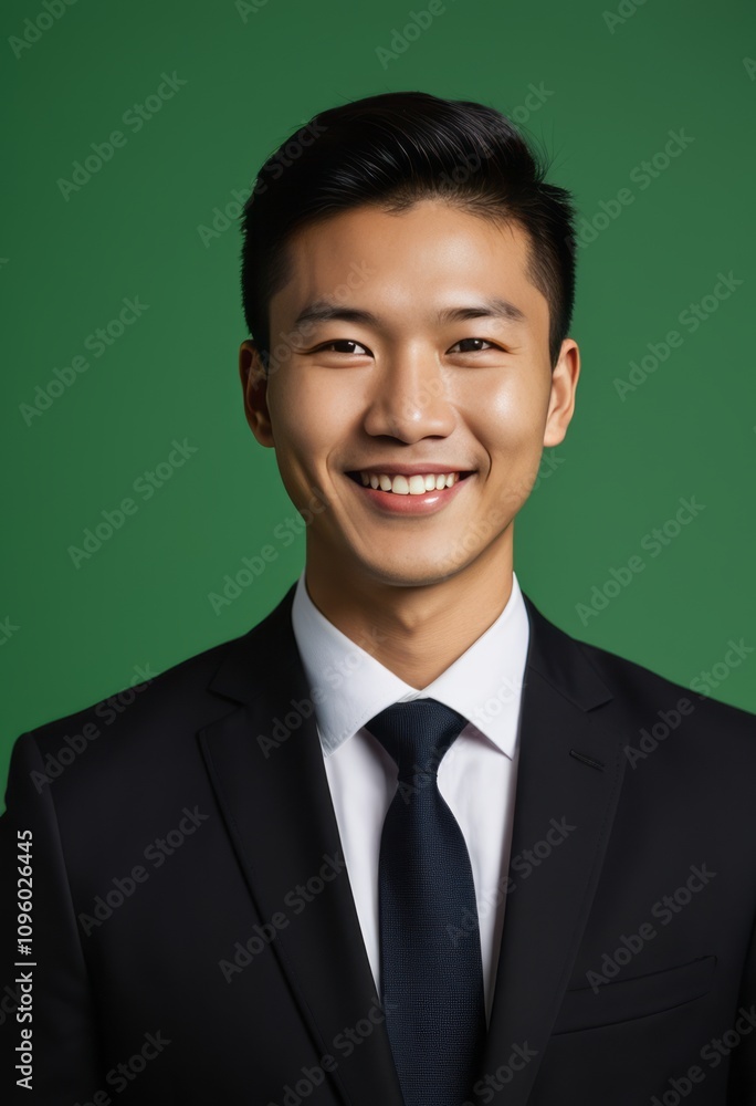 Professional headshot, young Asian man, charcoal suit, white shirt, black tie, warm smile, green background, studio lighting, corporate portrait, clean-cut appearance, confident expression, business a Professional headshot, young Asian man, charcoal suit, white shirt, black tie, warm smile, green background, studio lighting, corporate portrait, clean-cut appearance, confident expression, business a