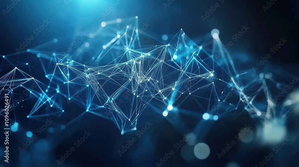 Obraz premium Abstract illustration featuring plexus blue geometrical shapes, representing connection and web concept, with digital communication and technology network background comprising moving lines & dots. 8k