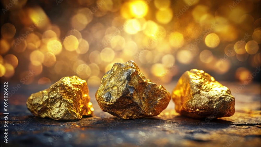 Stunning Gold Ore Collection with Bokeh Effect - Three Rough Gold-Bearing Rocks, Raw Mineral Specimens in Nature's Display Stunning Gold Ore Collection with Bokeh Effect - Three Rough Gold-Bearing Rocks, Raw Mineral Specimens in Nature's Display