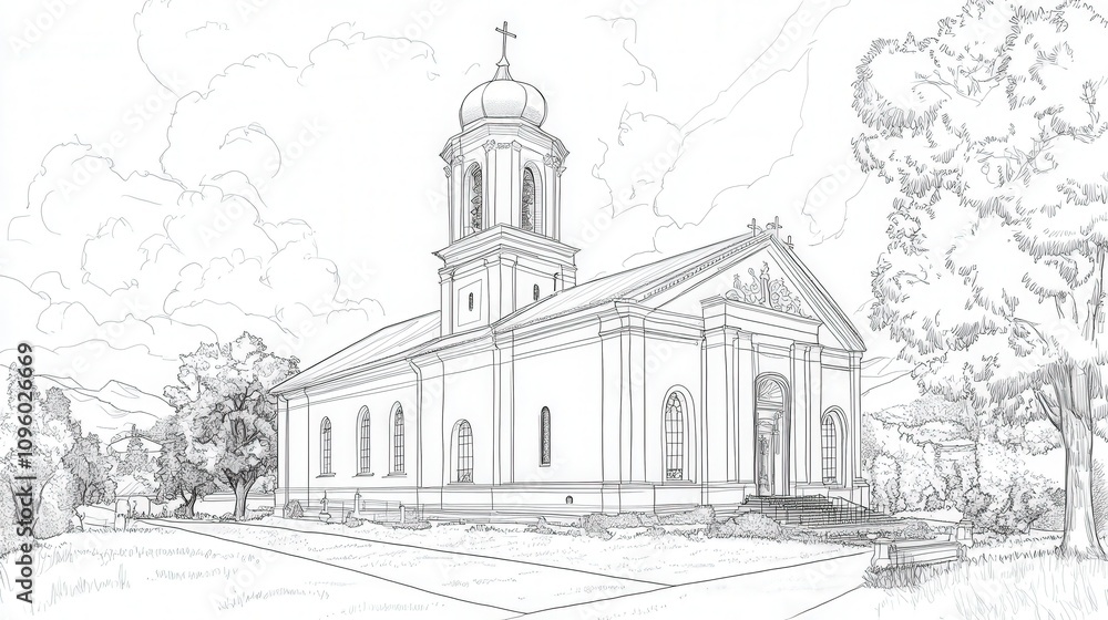 Fototapeta premium Architectural Sketch of a Church in a Parklike Setting