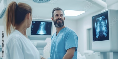 Male radiologist and nurse assisting a patient in an x ray room, ensuring a smooth and effective x ray procedure for optimal imaging results. The collaboration in the x ray room is essential.