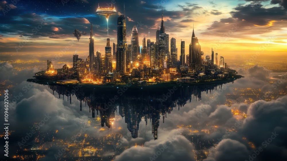 A futuristic city built on a floating island, glowing with vibrant lights against a backdrop of other distant cities. A futuristic city built on a floating island, glowing with vibrant lights against a backdrop of other distant cities.