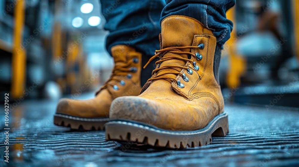 A close-up of sturdy work boots on an industrial surface, emphasizing durability and function.