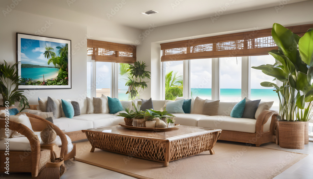 Fototapeta premium Modern living room interior with fireplace, wooden furniture, and large windows