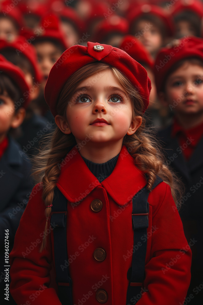 A little girl in a red beret looks up at the sky A little girl in a red beret looks up at the sky