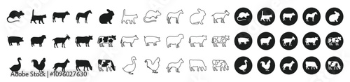 Farm Animals Black and White Icon Set