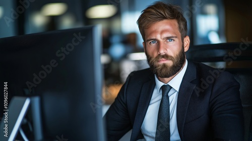 Professional man focused on computer work in a modern office setting, showcasing diligence and determination in a corporate environment with sleek furniture and ambient lighting.