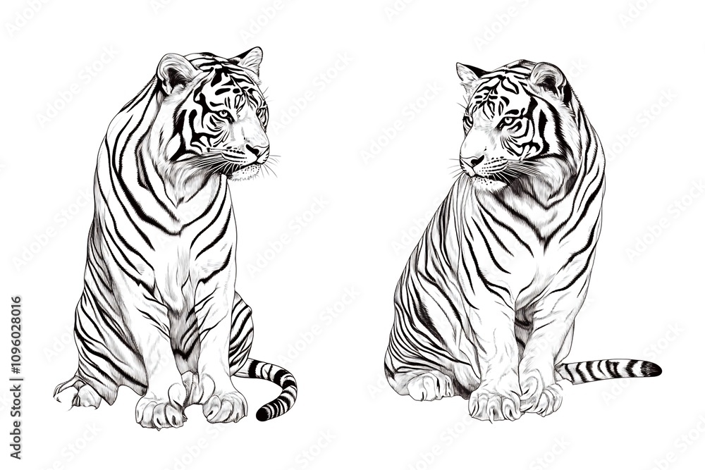 Fototapeta premium Majestic Tiger Duo: A pair of majestic tigers, rendered in a striking black and white sketch, embody strength, grace, and power.