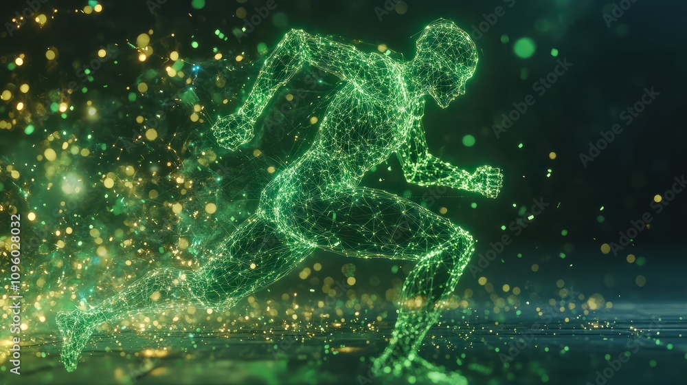 A human figure running through cyberspace, glowing green neural connections lighting up his brain and limbs as he accelerates. AI and neural networks in motion. A human figure running through cyberspace, glowing green neural connections lighting up his brain and limbs as he accelerates. AI and neural networks in motion.