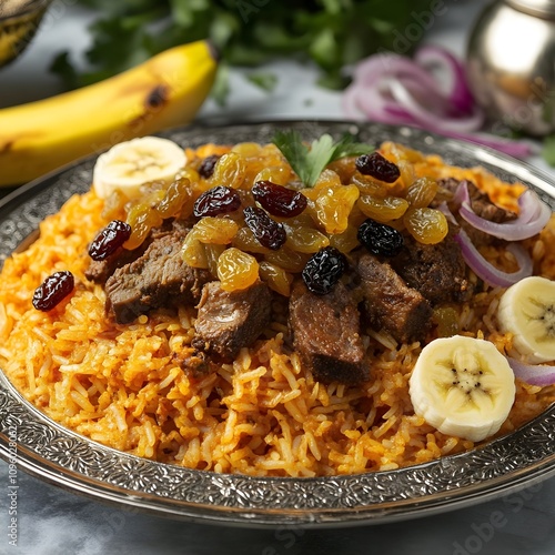 Somali bariis iskukaris, a spiced rice dish topped with tender lamb pieces, raisins, and caramelized onions. Served on a silver platter with a side of banana slices. photo