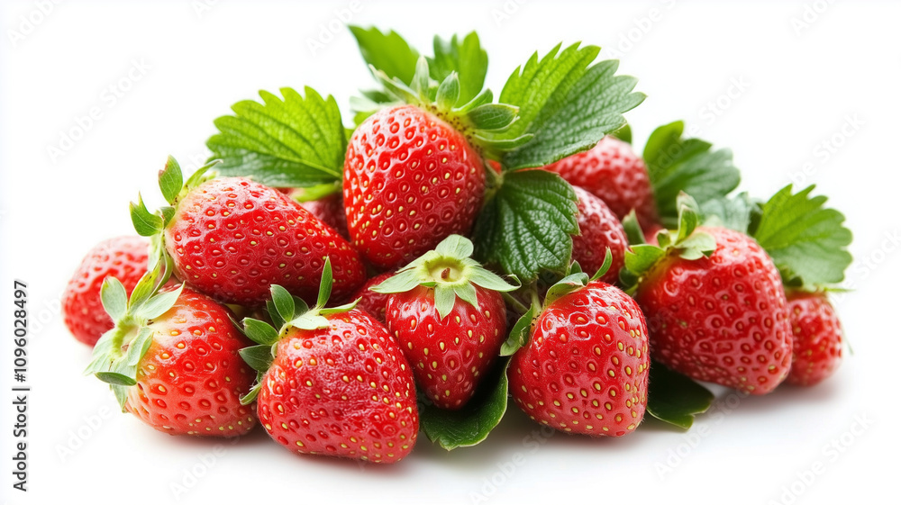 A pile of fresh strawberries with green leaves on a white background, A pile of fresh strawberries with green leaves on a white background,