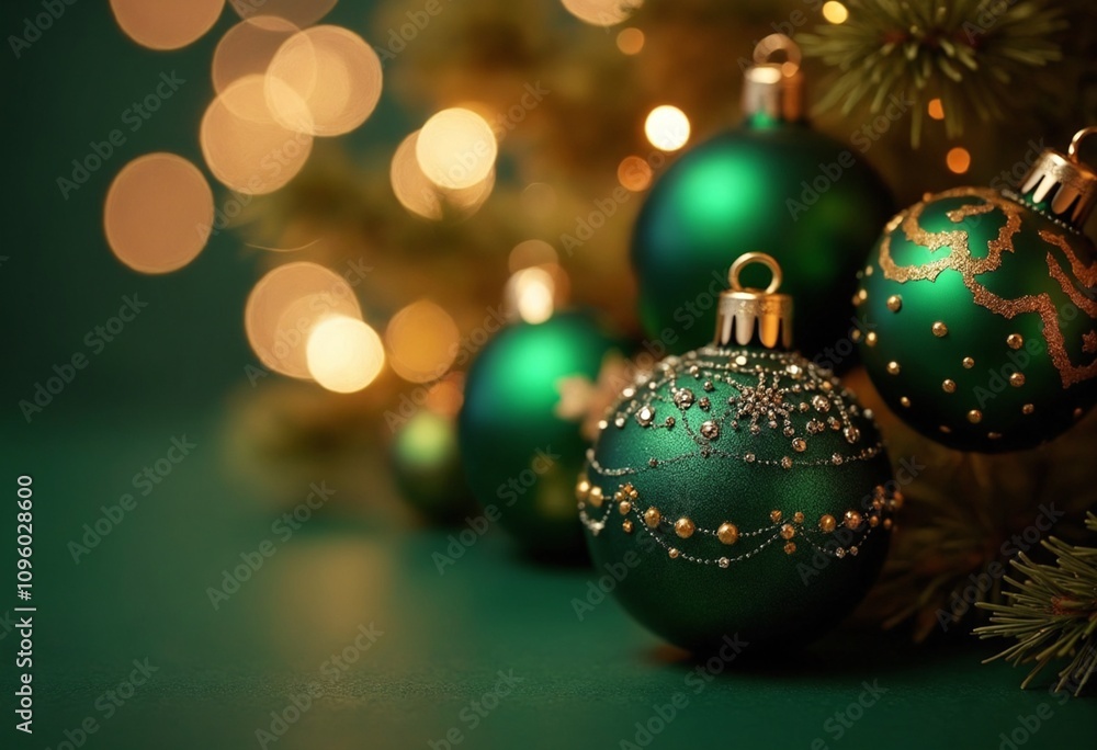 Obraz premium Luxury christmas ornaments, green and gold, bokeh effects and sparkles