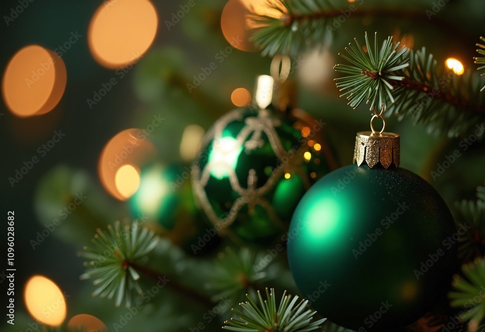 Luxury christmas ornaments, green and gold, bokeh effects and sparkles Luxury christmas ornaments, green and gold, bokeh effects and sparkles