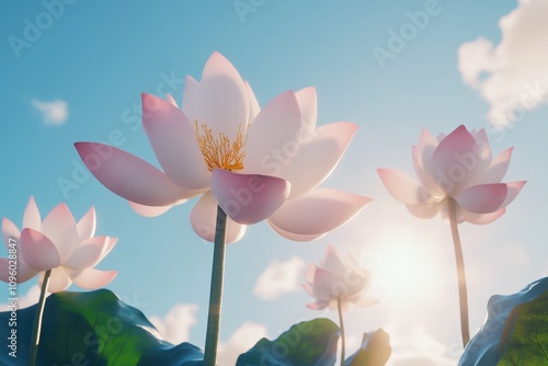 Vibrant Lotus Flowers in Gentle Breeze