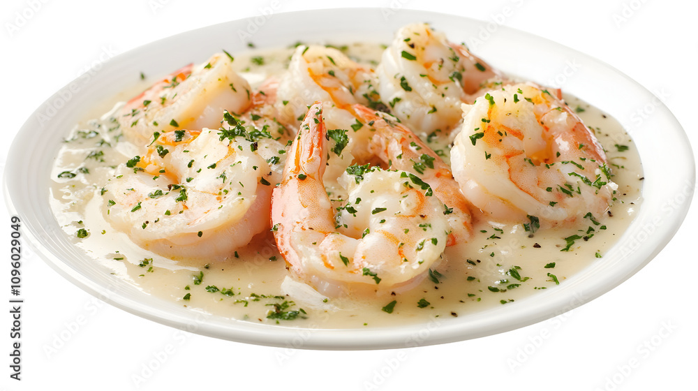 Delicious Shrimp Dish in Creamy Garlic Sauce Garnished with Fresh Parsley on a Plate. isolated white Delicious Shrimp Dish in Creamy Garlic Sauce Garnished with Fresh Parsley on a Plate. isolated white