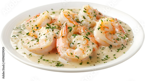 Delicious Shrimp Dish in Creamy Garlic Sauce Garnished with Fresh Parsley on a Plate. isolated white