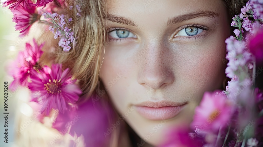 A beautiful woman with pink and purple flowers creates a spring vibe and embodies a light-hearted boho style in this close-up portrait, with ample copy space for design needs. A beautiful woman with pink and purple flowers creates a spring vibe and embodies a light-hearted boho style in this close-up portrait, with ample copy space for design needs.
