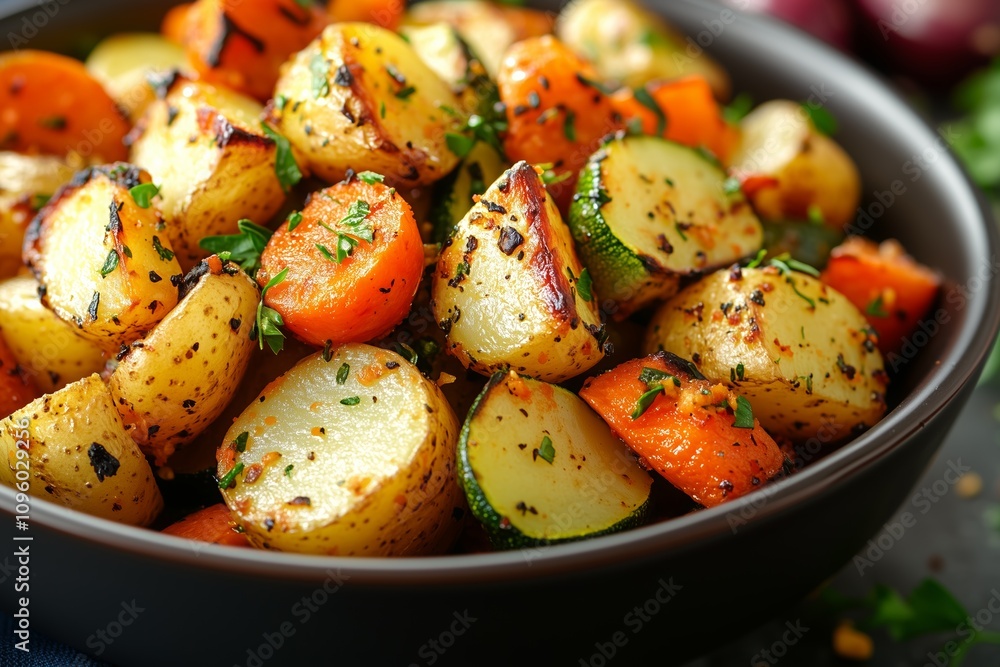 Herb Roasted Vegetables Baby Potatoes and Carrots with a Garlic and Parsley Garnish Herb Roasted Vegetables Baby Potatoes and Carrots with a Garlic and Parsley Garnish