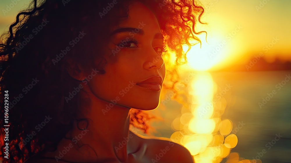 Stunning sunset captures a woman with curly hair, radiating beauty in the warm glow. This beautiful scene offers an ideal photo style with ample copy space. Stunning sunset captures a woman with curly hair, radiating beauty in the warm glow. This beautiful scene offers an ideal photo style with ample copy space.