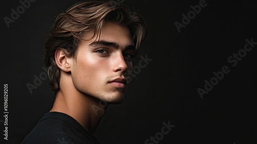 Portrait of a confident young man, capturing his handsome features and charisma. This image of a young man exudes confidence, with ample copy space for text or branding.