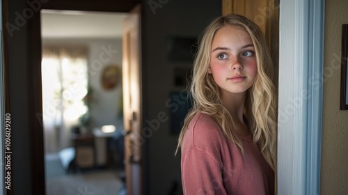 Blonde teenager at the back of a house, transitioning into the new space, standing in the doorway with a sense of anticipation, photo style with ample copy space.