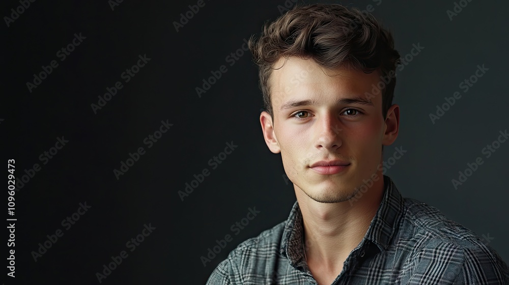 Studio portrait of a young adult man in a professional setting, capturing the essence of youth and confidence, with ample copy space for creative use in design. Studio portrait of a young adult man in a professional setting, capturing the essence of youth and confidence, with ample copy space for creative use in design.