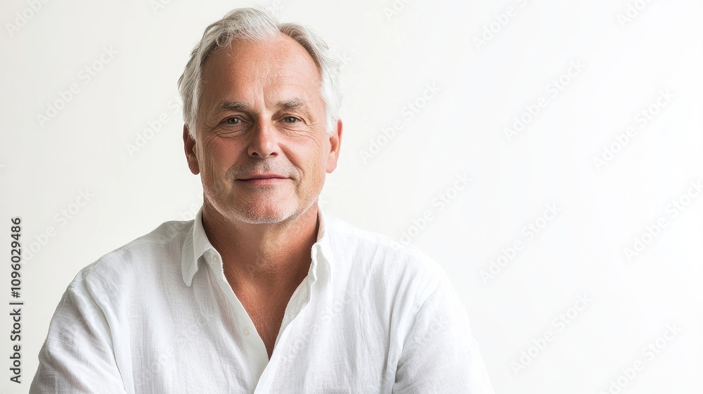 Caucasian senior man in a white shirt positioned against a white background, offering a clean and clear view suitable for various contexts, with ample copy space. Caucasian senior man in a white shirt positioned against a white background, offering a clean and clear view suitable for various contexts, with ample copy space.