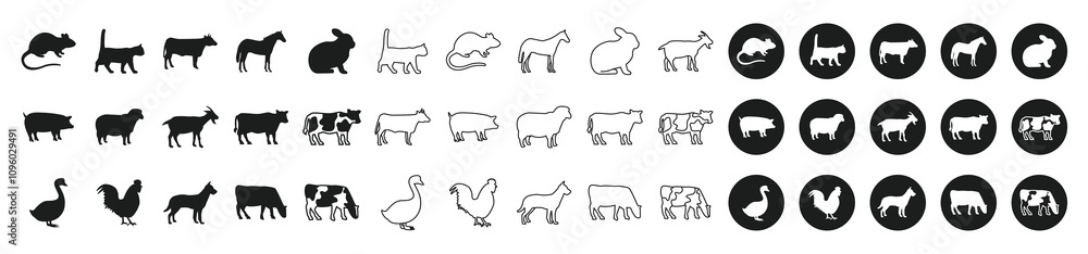 Farm Animals Black and White Icon Set Farm Animals Black and White Icon Set
