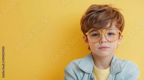 Quirky boy wearing oversized fun glasses, exhibiting a playful expression. This delightful image of a quirky boy highlights his charm, enhanced by big glasses and ample copy space.