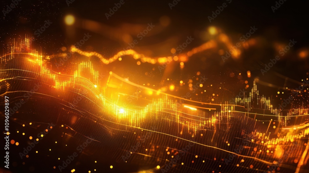 Fototapeta premium Abstract financial data visualization with glowing yellow lines and numbers.