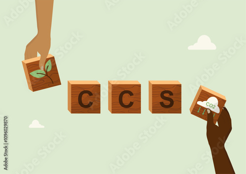 Carbon Capture Storage Environmental Technology Illustration Concept. CCS (Carbon Capture Storage) with wooden blocks, plant growth, and CO2 cloud symbols representing environmental solutions.  Vector