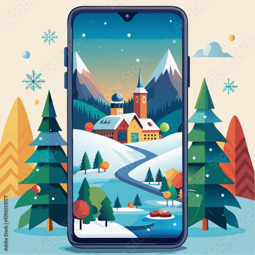 Winter Wonderland on Your Phone: A charming snowy landscape captured on a smartphone screen, evoking a sense of peaceful serenity and escape.  