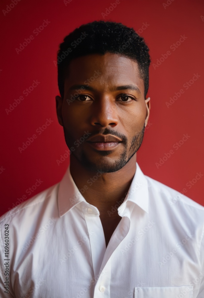 Portrait, man, African American, serious expression, white button-up shirt, short dark hair, mustache and beard, red background, studio lighting, professional headshot, high contrast, sharp focus, dra