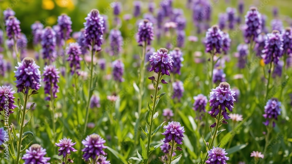 Lush purple wildflowers in a serene summer landscape, environment, flora Lush purple wildflowers in a serene summer landscape, environment, flora