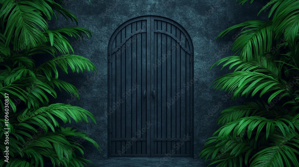 Mysterious Garden Gate: Dark arched gate nestled within lush tropical foliage, creating an air of mystery and intrigue. Perfect for fantasy, adventure, or suspense themes. Mysterious Garden Gate: Dark arched gate nestled within lush tropical foliage, creating an air of mystery and intrigue. Perfect for fantasy, adventure, or suspense themes.