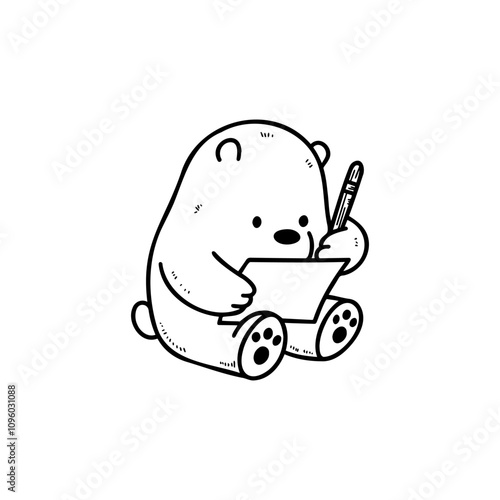 Cute cartoon bear drawing on paper with a pen, sitting comfortably on the floor in a cozy setting