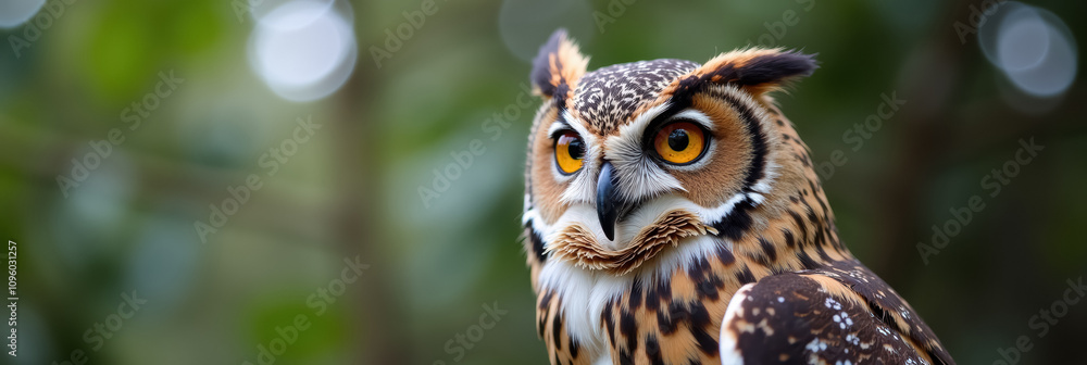 Fototapeta premium An owl with orange and black feathers and bright yellow eyes.