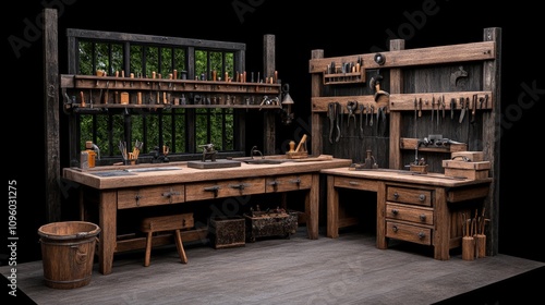 Rustic Craftsman's Workshop: A meticulously crafted, vintage-style woodworking workshop, brimming with tools and materials, evokes a sense of craftsmanship and tradition. The wooden workbench. photo