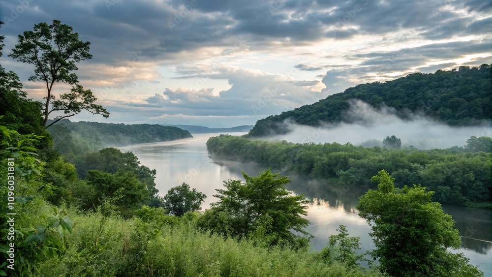 Misty clouds and lush greenery overlooking a tranquil river, winding rivers in green landscapes, misty clouds greenery over river, natural scenery with misty clouds, misty mountain peaks Misty clouds and lush greenery overlooking a tranquil river, winding rivers in green landscapes, misty clouds greenery over river, natural scenery with misty clouds, misty mountain peaks