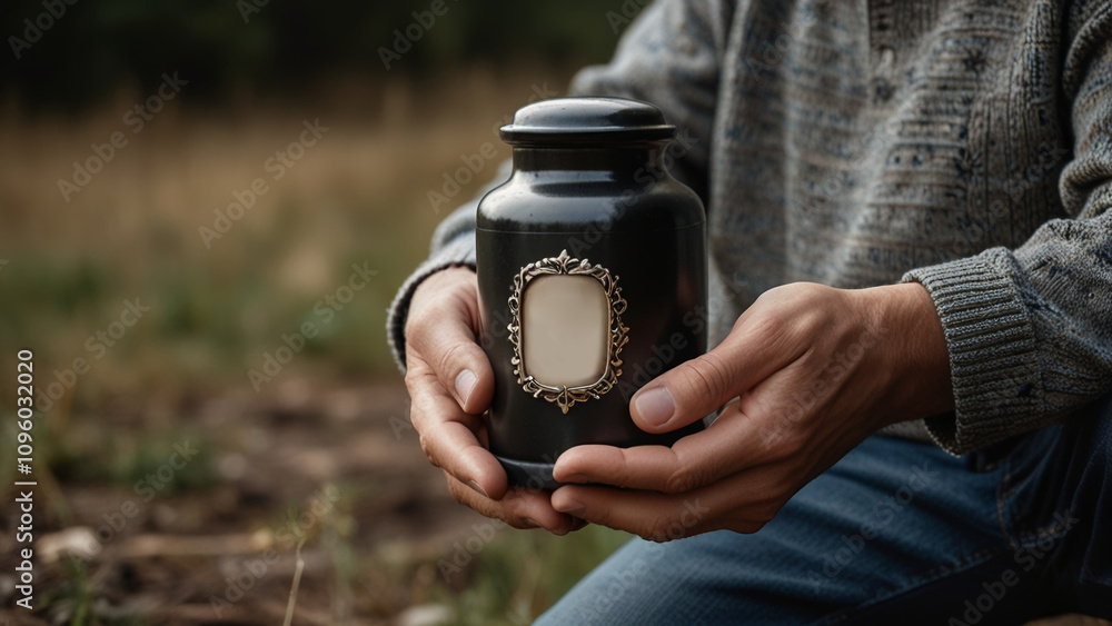 Person Holding Black Memorial Urn with Ornate Frame, Peaceful Outdoor Setting Person Holding Black Memorial Urn with Ornate Frame, Peaceful Outdoor Setting