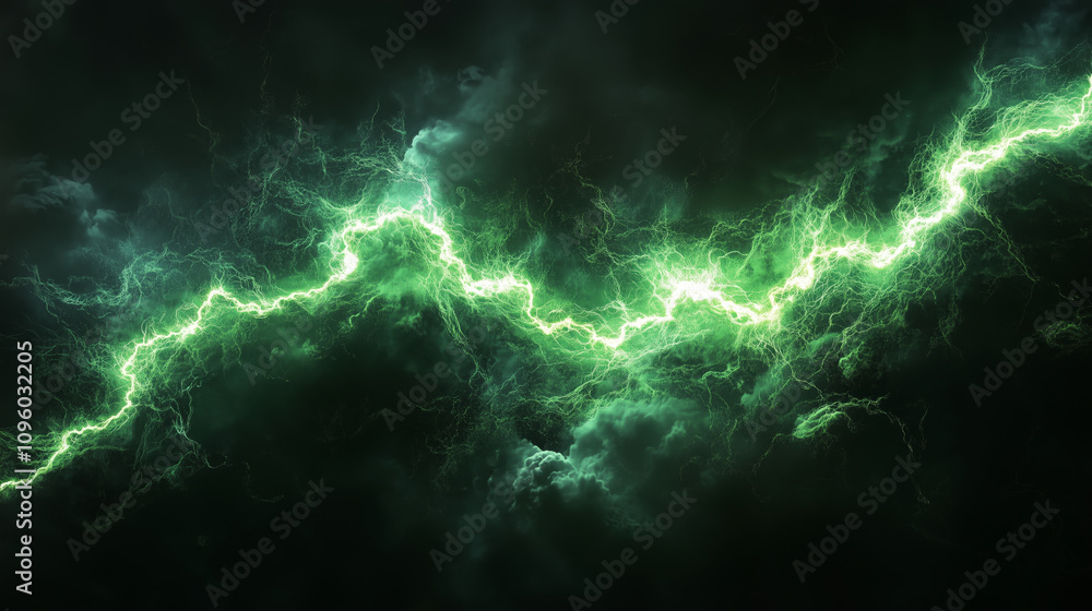 Vibrant green lightning strikes amidst dark thunderstorm clouds Vibrant green lightning strikes amidst dark thunderstorm clouds