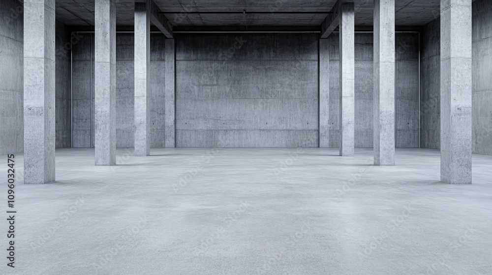 Concrete Columns and Vast Space: A minimalist architectural image of a large, empty industrial space with rows of concrete pillars, showcasing clean lines and textures. Ideal for design. Concrete Columns and Vast Space: A minimalist architectural image of a large, empty industrial space with rows of concrete pillars, showcasing clean lines and textures. Ideal for design.