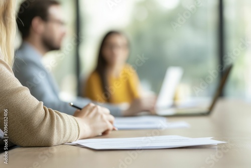 Recruitment drive scene with hiring managers examining applications, tidy office space, and sunlight illuminating the room. photo