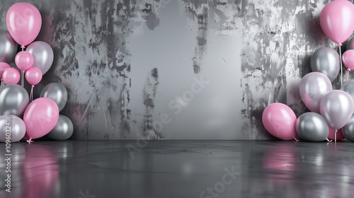 3d rendering of colorful pink silver grey glossy background wall with birthday party decoration, empty wall mock up, birthday invitation, greeting card	
