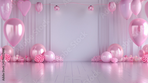 3d rendering of colorful pink silver grey glossy background wall with birthday party decoration, empty wall mock up, birthday invitation, greeting card	

