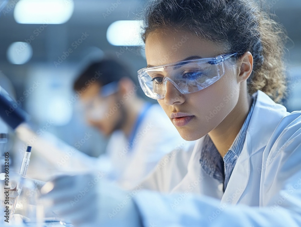 Students conducting research in international laboratory, focused teamwork, modern equipment, bright fluorescent lighting enhancing productivity Students conducting research in international laboratory, focused teamwork, modern equipment, bright fluorescent lighting enhancing productivity