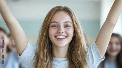 Students celebrating achievements in scholarship program, vibrant energy, well-lit classroom, sunshine pouring in. Free Download Students celebrating achievements in scholarship program, vibrant energy, well-lit classroom, sunshine pouring in. - GFXLoad