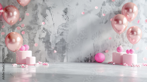 3d rendering of colorful pink silver grey glossy background wall with birthday party decoration, empty wall mock up, birthday invitation, greeting card	
